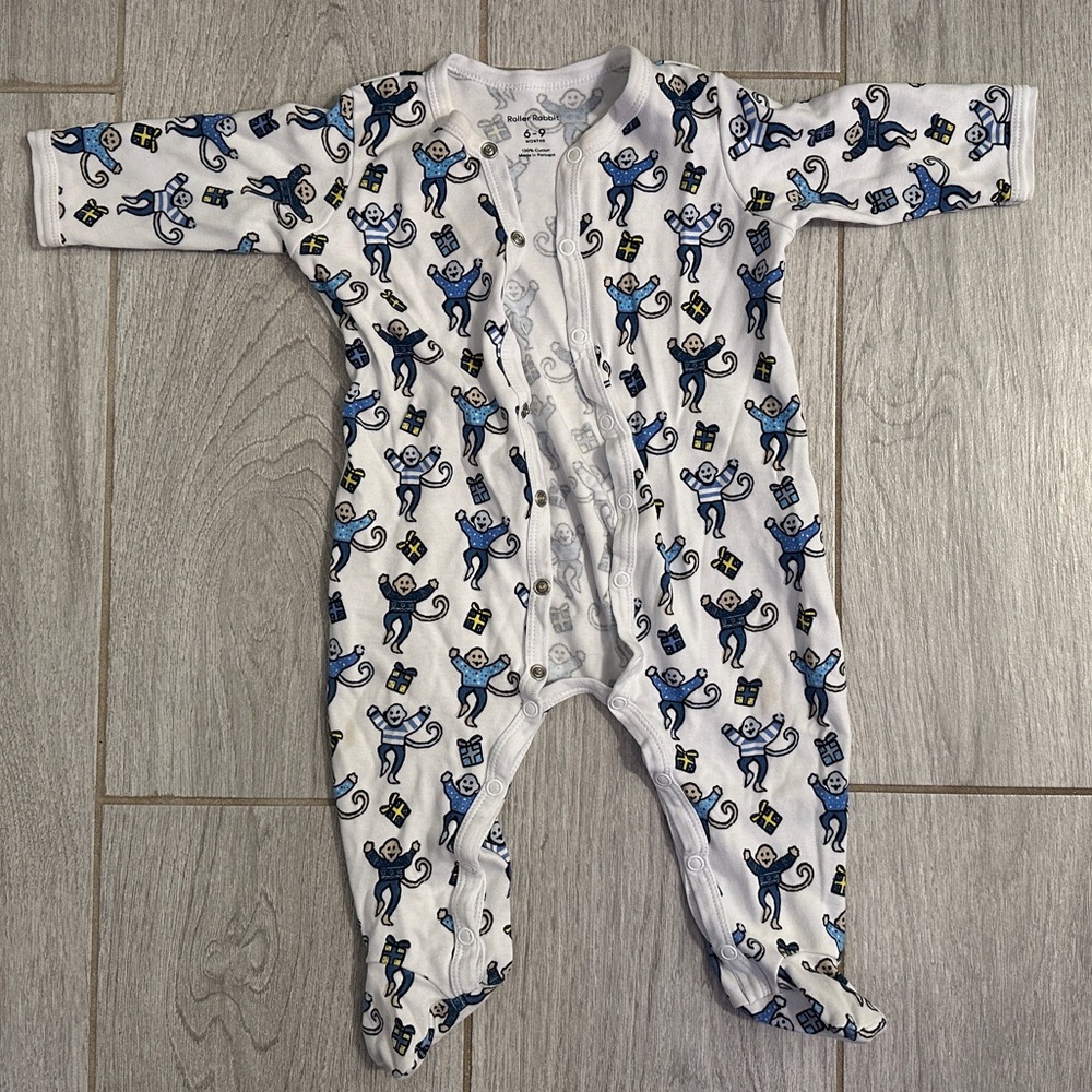 Roller Rabbit Blue Monkey Christmas Pajamas infant 6-9 months